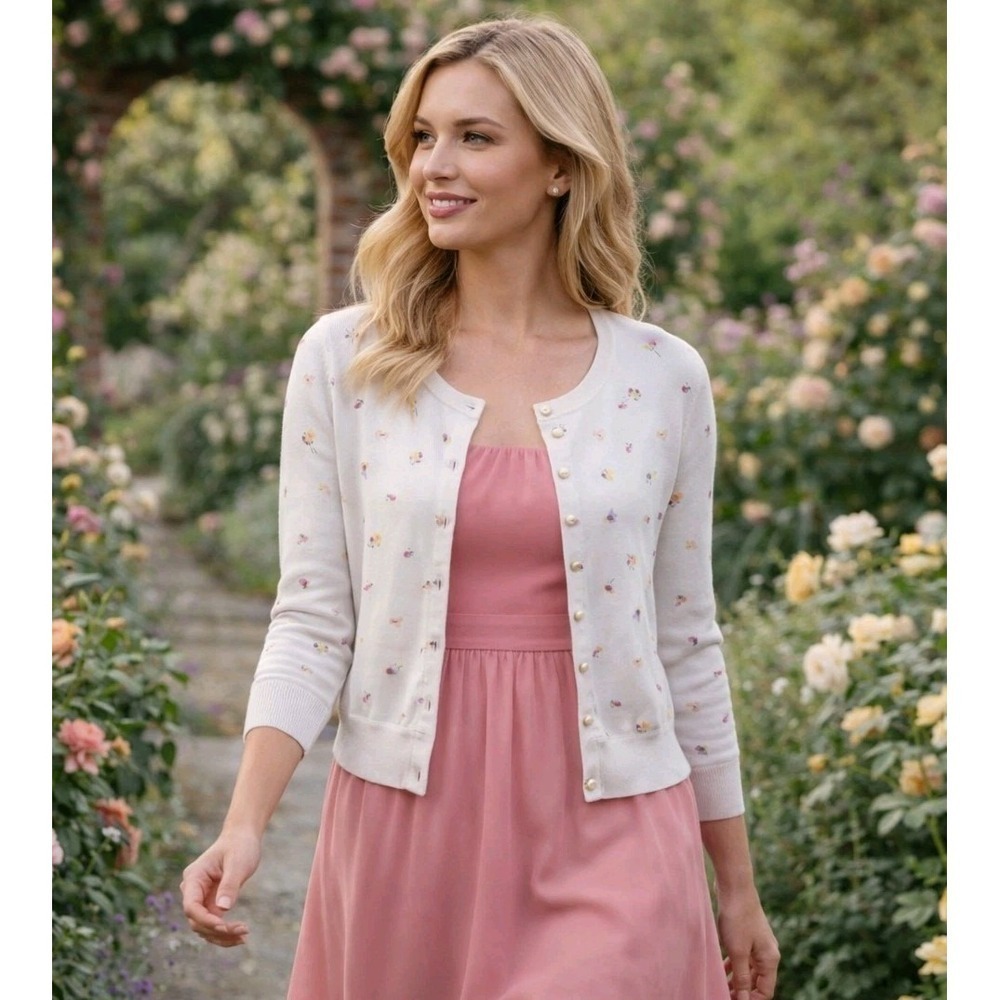Karl Lagerfeld Paris Ivory Translucent Layered Floral Cropped Cardigan Large NEW